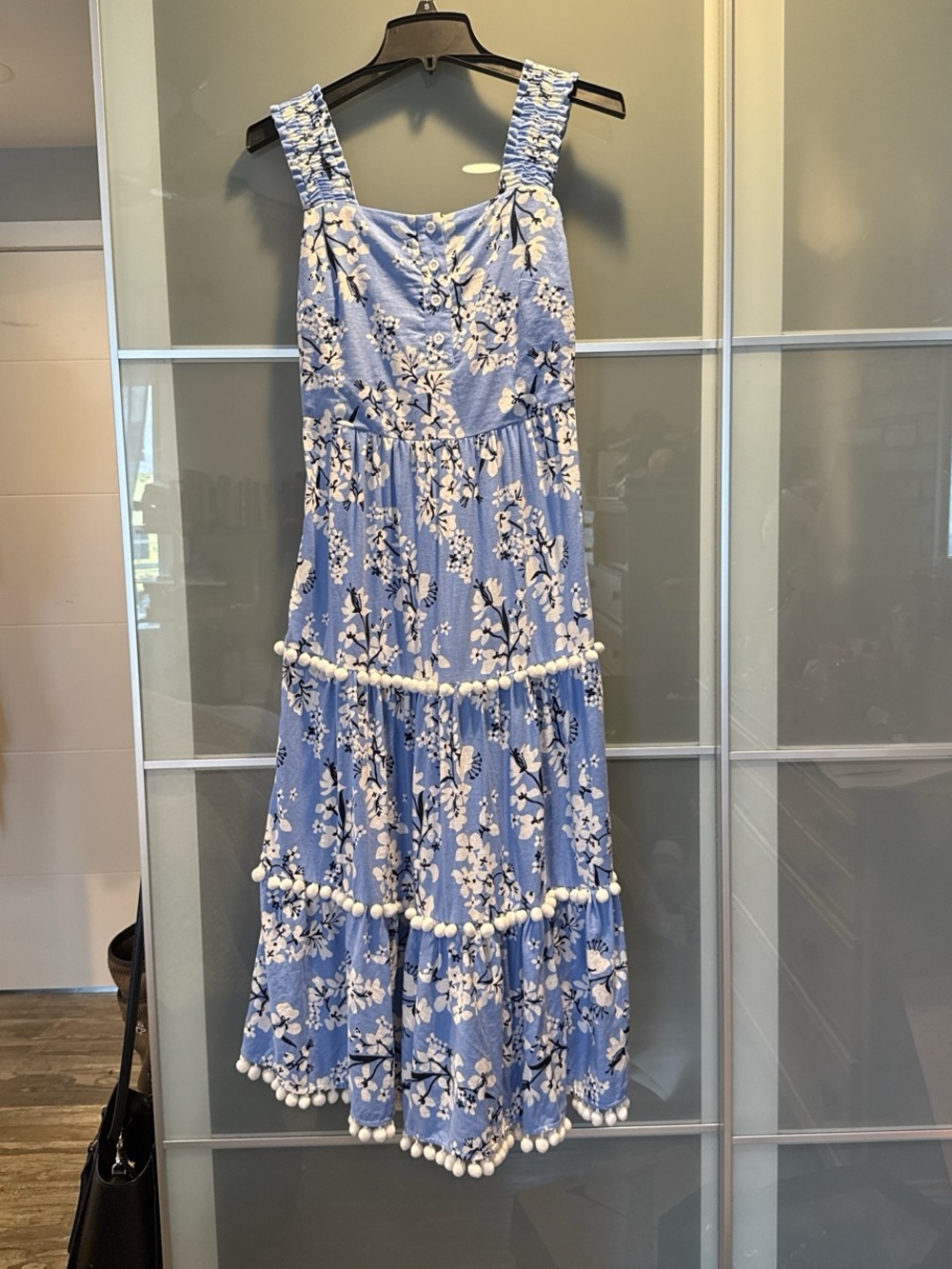 Sail to Sable Blue and White Floral Tiered Midi Dress with Pom Pom Trim